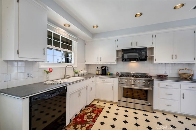 1113 Hollydale Dr, Fullerton, CA 92831 - kitchen with black appliances, a sink, white cabinets, backsplash, and recessed lighting