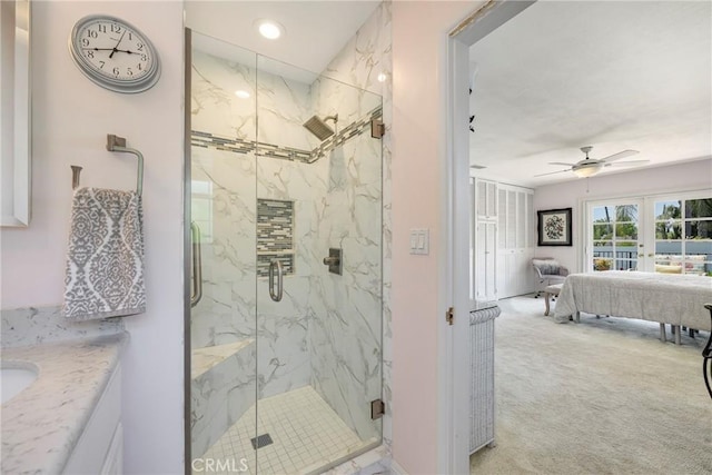 1113 Hollydale Dr, Fullerton, CA 92831 - bathroom with ensuite bath, a marble finish shower, ceiling fan, french doors, and vanity