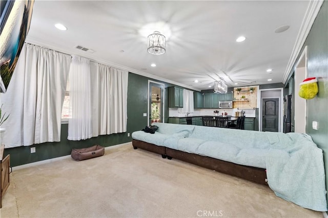 4803 Hawk Ridge Ave, Fontana, CA 92336 - bedroom with crown molding, a chandelier, carpet flooring, recessed lighting, and baseboards