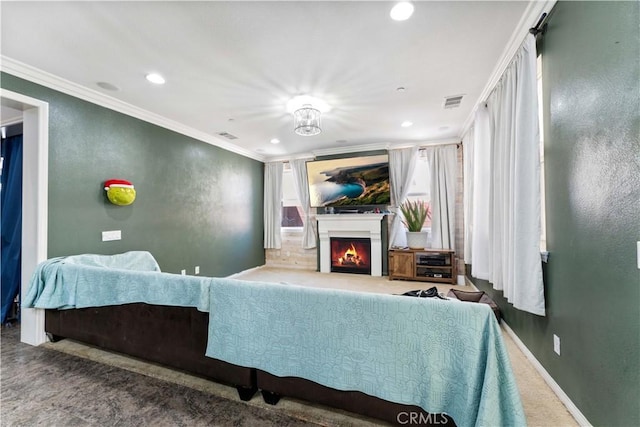 4803 Hawk Ridge Ave, Fontana, CA 92336 - living area with recessed lighting, a warm lit fireplace, ornamental molding, baseboards, and carpet flooring