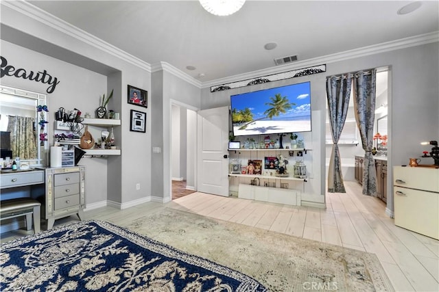 4803 Hawk Ridge Ave, Fontana, CA 92336 - bedroom featuring wood finished floors, crown molding, baseboards, a desk, and connected bathroom