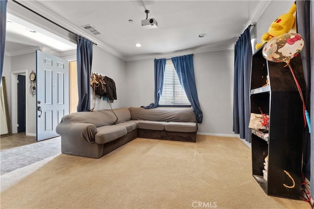 4803 Hawk Ridge Ave, Fontana, CA 92336 - living area with ornamental molding, baseboards, carpet floors, and recessed lighting