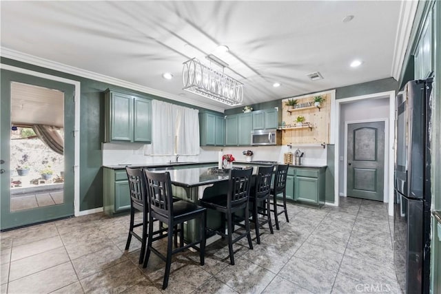 4803 Hawk Ridge Ave, Fontana, CA 92336 - dining area with recessed lighting, a chandelier, crown molding, light tile patterned floors, and baseboards