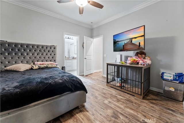4803 Hawk Ridge Ave, Fontana, CA 92336 - bedroom featuring ornamental molding, wood finished floors, baseboards, ensuite bath, and ceiling fan