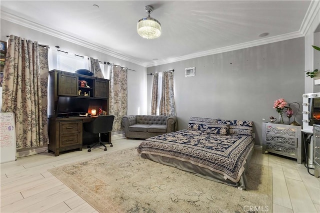 4803 Hawk Ridge Ave, Fontana, CA 92336 - bedroom with an office area, light wood-style flooring, and crown molding