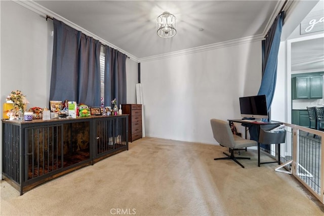 4803 Hawk Ridge Ave, Fontana, CA 92336 - home office featuring carpet floors, ornamental molding, and a chandelier