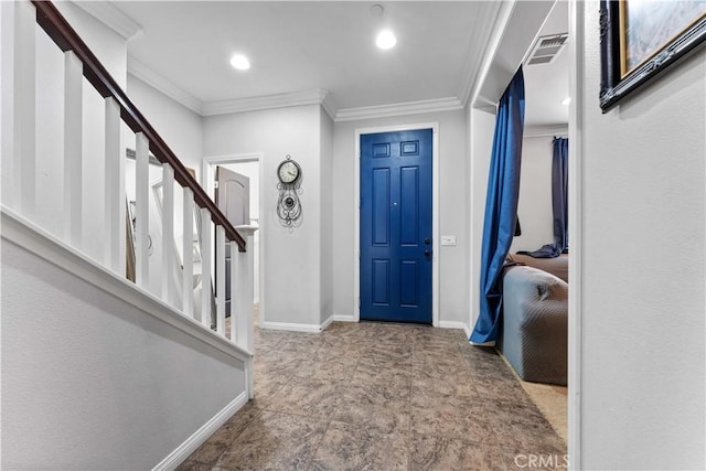 4803 Hawk Ridge Ave, Fontana, CA 92336 - foyer entrance with stairway, crown molding, baseboards, and recessed lighting