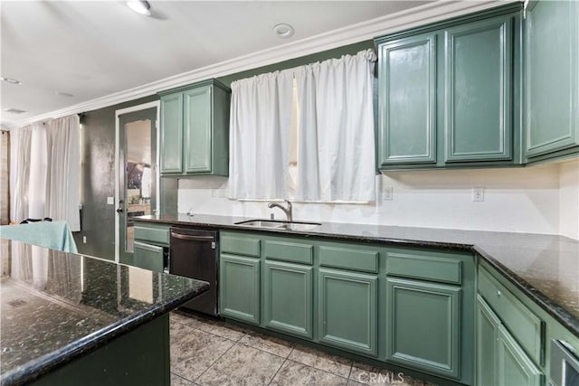 4803 Hawk Ridge Ave, Fontana, CA 92336 - kitchen featuring green cabinets, a sink, dishwasher, crown molding, and dark stone countertops