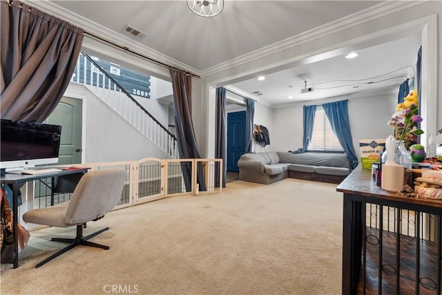 4803 Hawk Ridge Ave, Fontana, CA 92336 - living area with carpet flooring, crown molding, an office area, recessed lighting, and stairway
