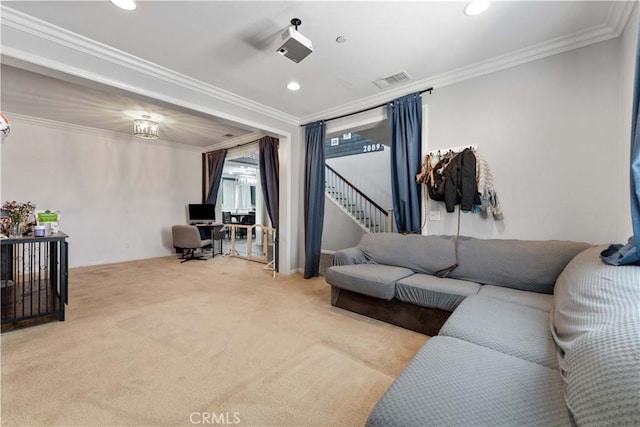 4803 Hawk Ridge Ave, Fontana, CA 92336 - living area featuring ornamental molding, carpet, a desk, and recessed lighting