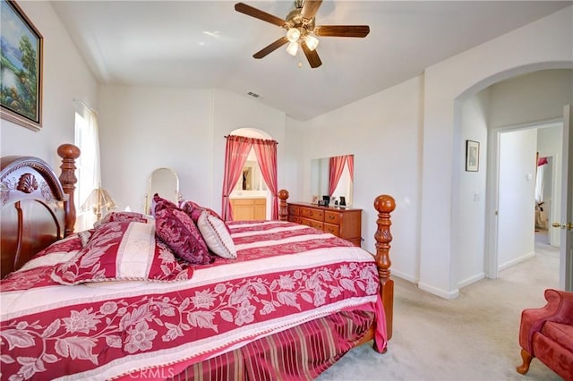 932 Provance Ave, Santa Maria, CA 93458 - bedroom with light colored carpet, arched walkways, lofted ceiling, baseboards, and a ceiling fan