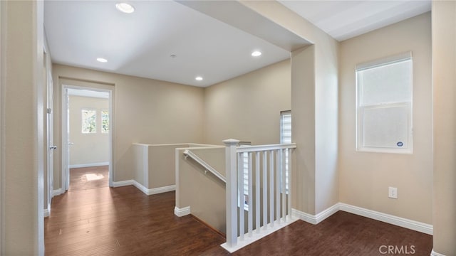 77 Crocus St, Redlands, CA 92373 - hallway featuring an upstairs landing, wood finished floors, baseboards, and recessed lighting