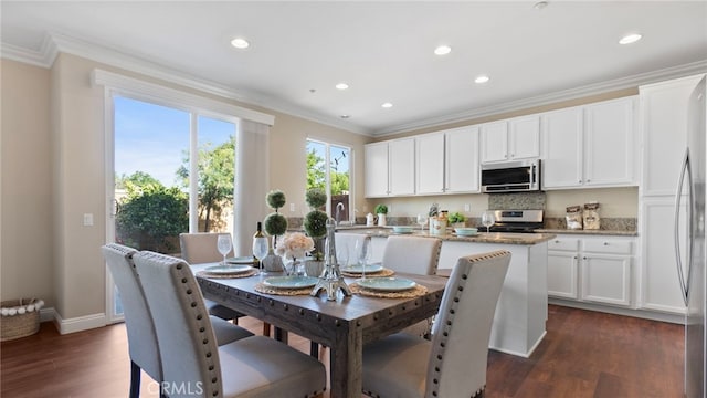 77 Crocus St, Redlands, CA 92373 - dining room with ornamental molding, dark wood-type flooring, and recessed lighting