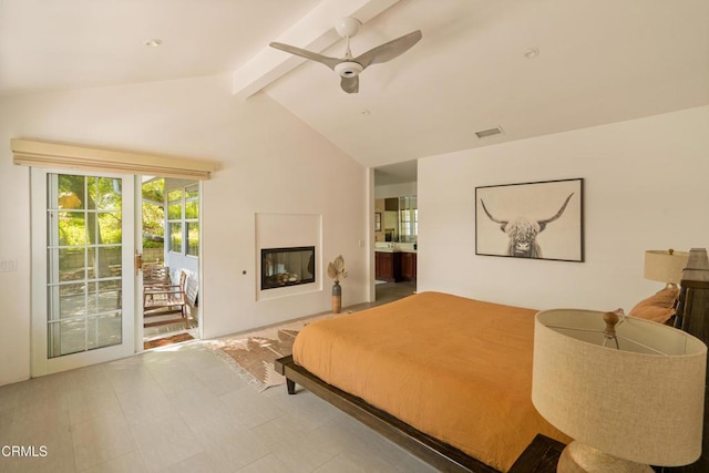 12841 Tree Ranch Rd, Ojai, CA 93023 - bedroom with access to exterior, a multi sided fireplace, ensuite bath, and a ceiling fan