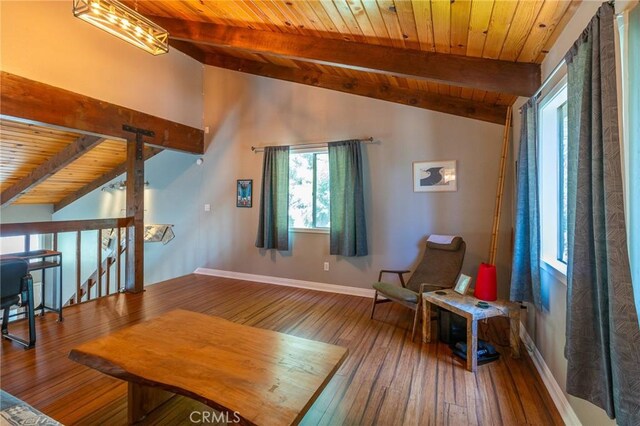 31045 Valley Oak Dr, Running Springs, CA 92382 - living room featuring wooden ceiling, plenty of natural light, wood-type flooring, and baseboards