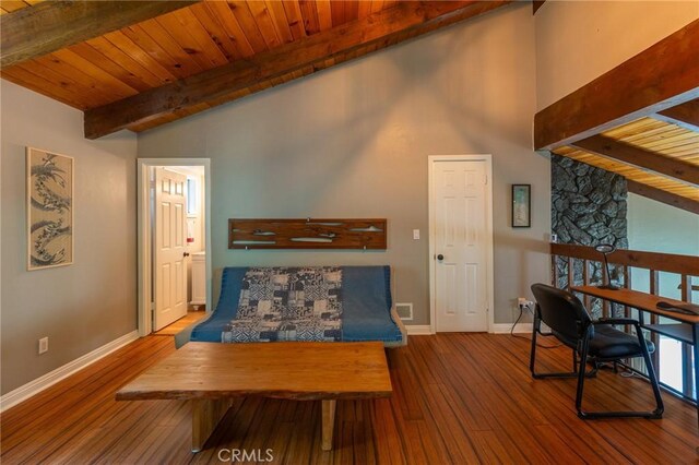 31045 Valley Oak Dr, Running Springs, CA 92382 - bedroom featuring wooden ceiling, hardwood / wood-style floors, and baseboards