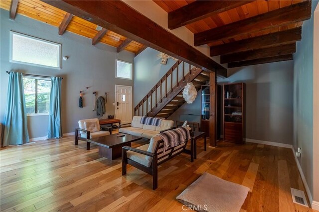 31045 Valley Oak Dr, Running Springs, CA 92382 - living area featuring stairs, wooden ceiling with exposed beams, wood finished floors, and baseboards