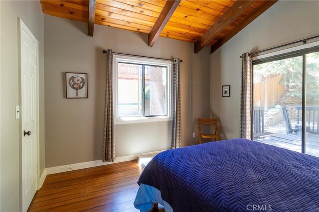 31045 Valley Oak Dr, Running Springs, CA 92382 - bedroom with access to outside, hardwood / wood-style flooring, baseboards, and wood ceiling