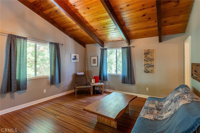 31045 Valley Oak Dr, Running Springs, CA 92382 - living area with hardwood / wood-style flooring, wood ceiling, and baseboards
