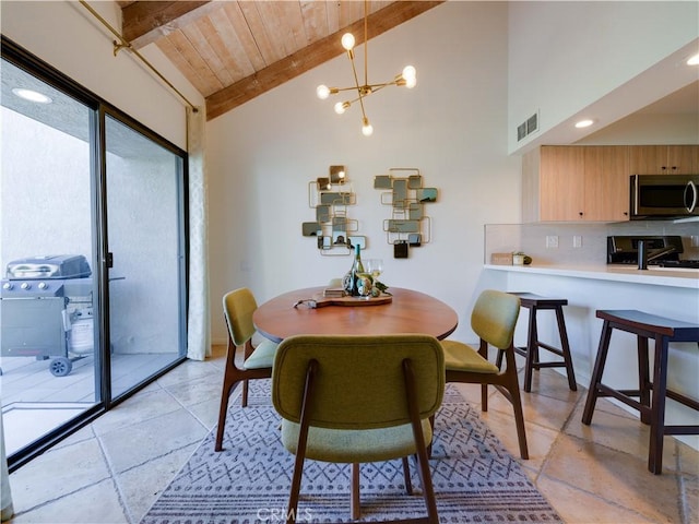 316 Forest Hills Dr, Rancho Mirage, CA 92270 - dining space with wooden ceiling, a chandelier, recessed lighting, and stone tile flooring