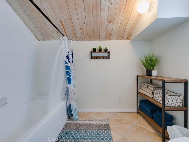 316 Forest Hills Dr, Rancho Mirage, CA 92270 - bathroom featuring wooden ceiling, vaulted ceiling, tile patterned flooring, shower / bath combo, and baseboards