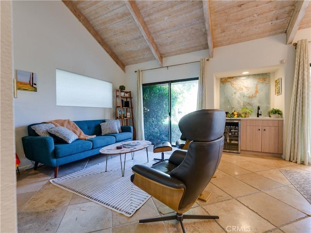 316 Forest Hills Dr, Rancho Mirage, CA 92270 - living room featuring wine cooler, wooden ceiling with exposed beams, high vaulted ceiling, and a dry bar