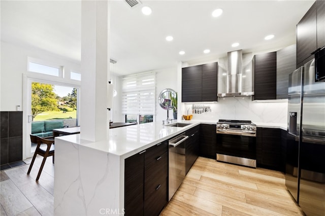 528 San Andres Dr, Solana Beach, CA 92075 - kitchen featuring appliances with stainless steel finishes, wall chimney exhaust hood, modern cabinets, a sink, and a peninsula