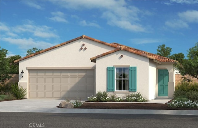 30414 Mattero Trail Ct, Homeland, CA 92548 - mediterranean / spanish-style house with concrete driveway, an attached garage, stucco siding, and a tiled roof