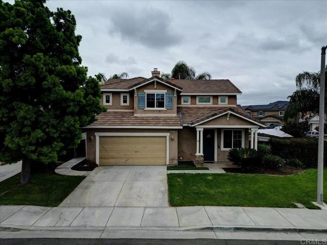29567 Castlewood Dr, Menifee, CA 92584 - craftsman-style house with driveway, stucco siding, a garage, a front lawn, and a chimney