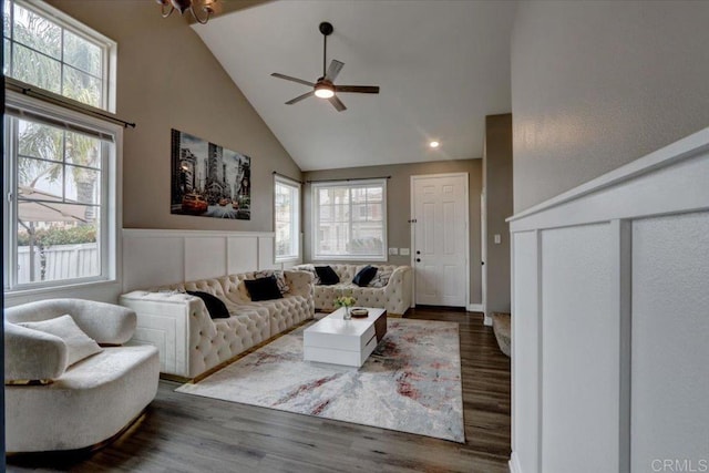 29567 Castlewood Dr, Menifee, CA 92584 - living area featuring high vaulted ceiling, wood finished floors, a ceiling fan, a wainscoted wall, and recessed lighting