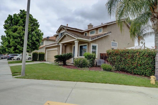 29567 Castlewood Dr, Menifee, CA 92584 - view of front facade with stucco siding, concrete driveway, a garage, a front lawn, and a chimney