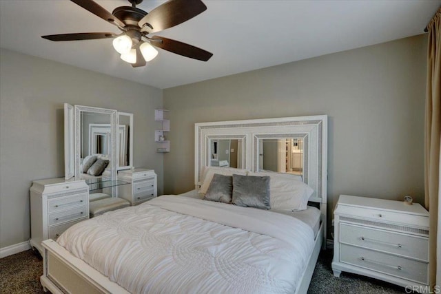 29567 Castlewood Dr, Menifee, CA 92584 - bedroom with dark colored carpet, baseboards, and a ceiling fan