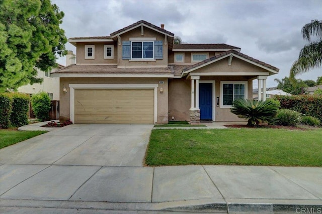 29567 Castlewood Dr, Menifee, CA 92584 - craftsman-style home featuring stucco siding, an attached garage, a front yard, concrete driveway, and a tile roof
