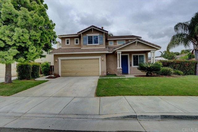 29567 Castlewood Dr, Menifee, CA 92584 - craftsman house with stucco siding, concrete driveway, a garage, and a front yard