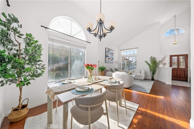 10274 Corkwood Ct, Rancho Cucamonga, CA 91737 - dining room with a chandelier, high vaulted ceiling, plenty of natural light, and wood finished floors