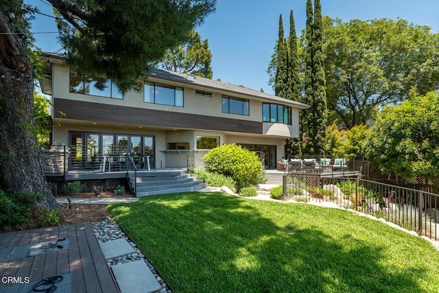 2320 Mountain Ave, La Crescenta, CA 91214 - rear view of property with stucco siding, a wooden deck, and an outdoor living space