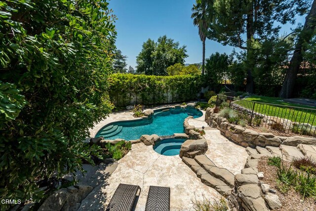 2320 Mountain Ave, La Crescenta, CA 91214 - view of swimming pool with a fenced backyard, a patio area, and a pool with connected hot tub