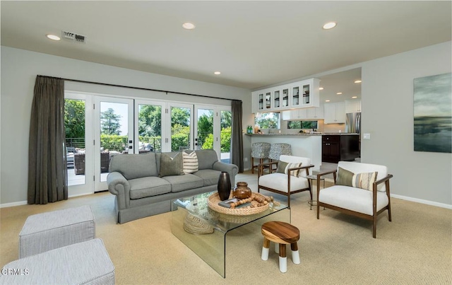 2320 Mountain Ave, La Crescenta, CA 91214 - living area featuring baseboards, recessed lighting, light colored carpet, and french doors