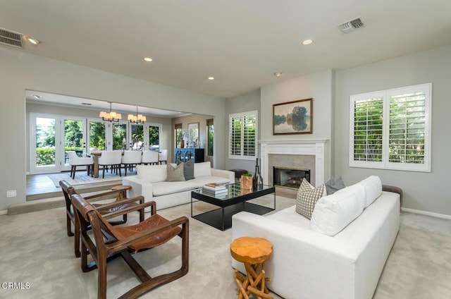 2320 Mountain Ave, La Crescenta, CA 91214 - living area with plenty of natural light, baseboards, recessed lighting, a high end fireplace, and a chandelier