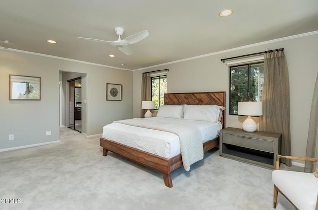2320 Mountain Ave, La Crescenta, CA 91214 - bedroom with baseboards, carpet floors, crown molding, recessed lighting, and a ceiling fan