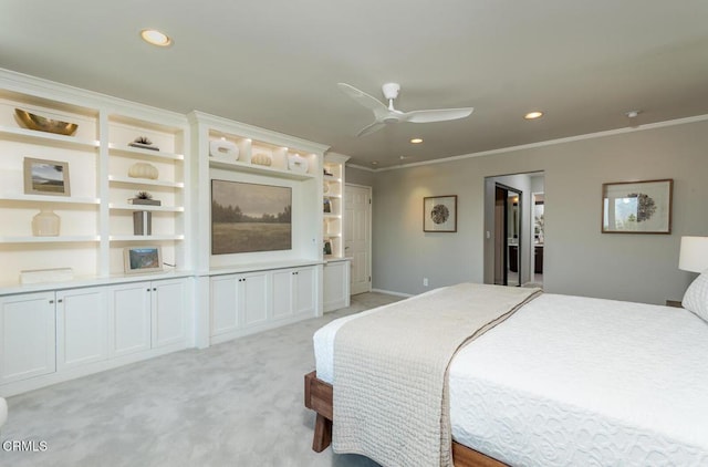 2320 Mountain Ave, La Crescenta, CA 91214 - bedroom featuring recessed lighting, light carpet, crown molding, and a ceiling fan