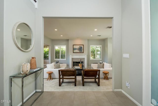 2320 Mountain Ave, La Crescenta, CA 91214 - tiled living area featuring a glass covered fireplace, baseboards, and recessed lighting
