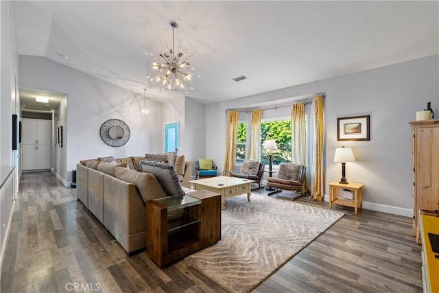 2750 Lazy Hill Rd, San Miguel, CA 93451 - living area featuring a chandelier, wood finished floors, baseboards, and lofted ceiling