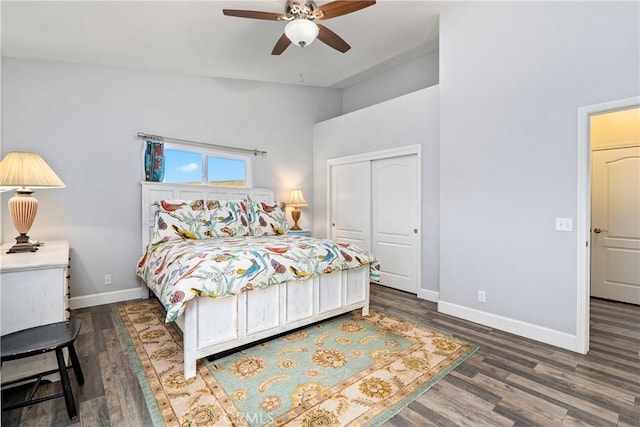 2750 Lazy Hill Rd, San Miguel, CA 93451 - bedroom featuring wood finished floors, baseboards, high vaulted ceiling, a closet, and ceiling fan