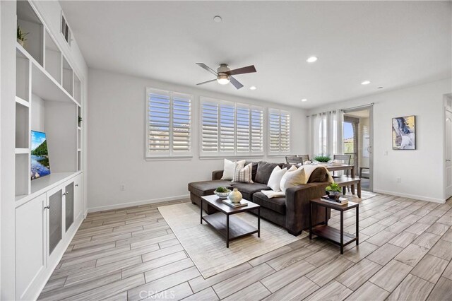 405 Mallorca Ln, Brea, CA 92823 - living area featuring a ceiling fan, wood finish floors, baseboards, and recessed lighting