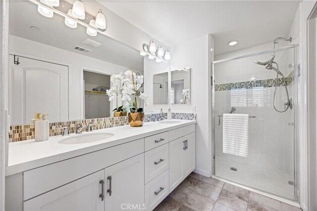 405 Mallorca Ln, Brea, CA 92823 - full bath featuring a shower stall, double vanity, decorative backsplash, and a closet
