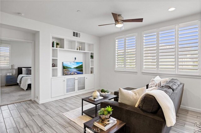 405 Mallorca Ln, Brea, CA 92823 - living room featuring ceiling fan, plenty of natural light, light wood finished floors, baseboards, and recessed lighting