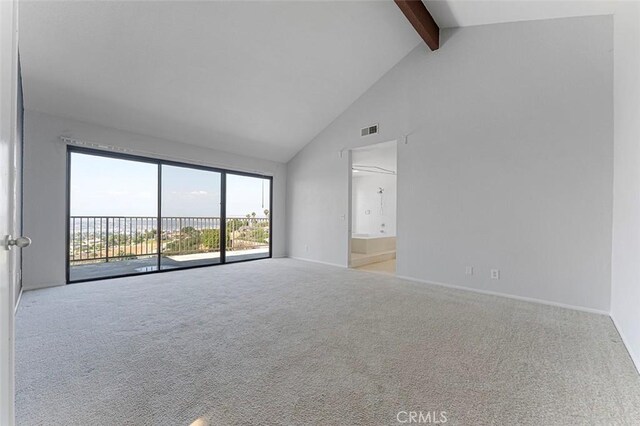 16227 Glencove Dr, Hacienda Heights, CA 91745 - carpeted spare room with beam ceiling, high vaulted ceiling, and baseboards