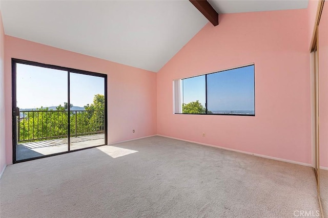 16227 Glencove Dr, Hacienda Heights, CA 91745 - empty room featuring carpet flooring, beam ceiling, baseboards, and high vaulted ceiling