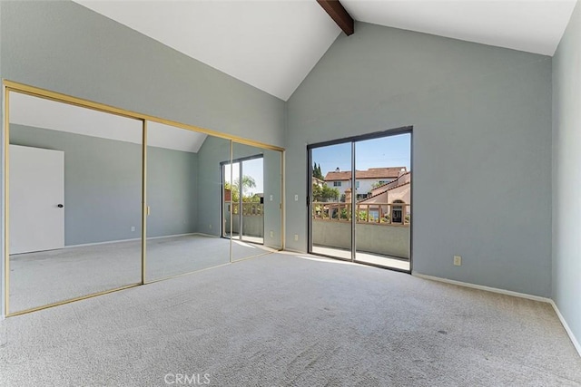 16227 Glencove Dr, Hacienda Heights, CA 91745 - unfurnished bedroom with access to outside, beamed ceiling, high vaulted ceiling, carpet floors, and baseboards